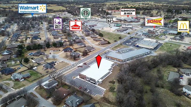 Highway 62 shops and Farmington Junior High, up the road